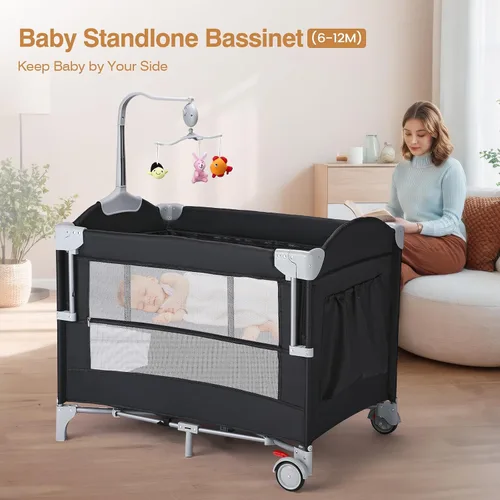 Miniatura 3 de JOYMOR Paquete y juego 4 en 1, cuna de cabecera para bebé, parque infantil resistente con colchón acolchado y barra de música con animales suaves