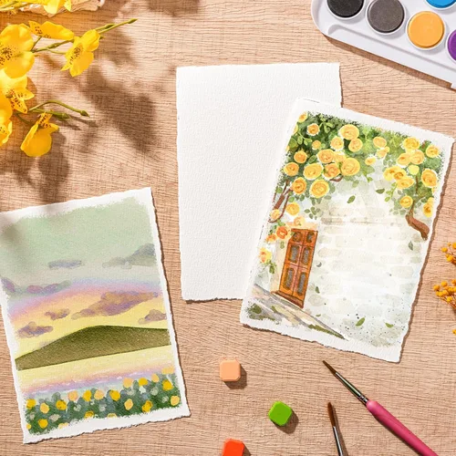 Miniatura 5 de 100 Hojas de Papel para Acuarela 5 x 7 Pulgadas, 300 GSM Papel con Bordes Rugosos Papel Texturizado Hecho a Mano para Acuarelas, Invitaciones