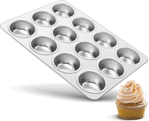 TeamFar Molde para magdalenas de 12 tazas, molde de acero inoxidable para magdalenas de metal, para horno, tamaño regular y no tóxico, fácil de