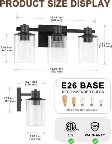Miniatura 3 de L LOHAS LED Lámpara de baño negra de 3 luces sobre el espejo, moderna lámpara de tocador negra mate con pantalla de vidrio transparente, luces