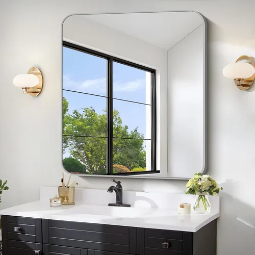 Miniatura 40 de FORBATH - Espejo de baño negro para sobre lavabo, espejo de pared de 16x24 pulgadas con marco de metal, esquinas redondeadas para baño, dormitorio