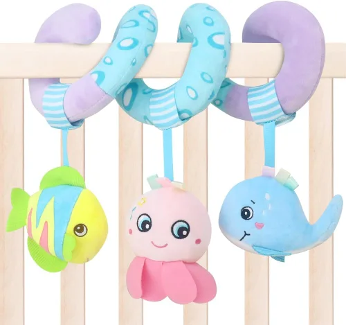 Miniatura 11 de Caterbee Juguetes de asiento de automóvil para bebé, juguete de peluche colgante suave con sonajero y mordedor, juguete de desarrollo sensorial