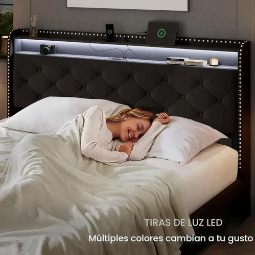 Miniatura 6 de LARMACE Base de cama tamaño King con 4 cajones de almacenamiento, base de cama tapizada de terciopelo, plataforma King con luces LED y estación