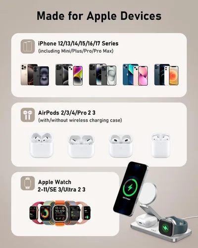 Miniatura 8 de VBA Estación de carga inalámbrica 3 en 1 para cargador Apple MagSafe, soporte de cargador inalámbrico magnético plegable de carga rápida, cargador