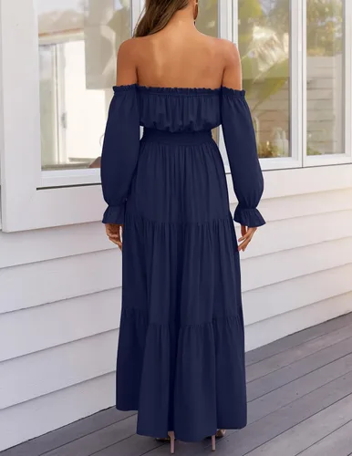 Miniatura 13 de ZESICA - Vestido largo, bohemio y sexy, con hombros descubiertos y manga larga fruncida, con elástico fruncido, cintura alta y abertura lateral