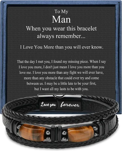 Mens Leather Bracelets for Him Son Birthday Gift for Boyfriend Husband Brother Father's Day Gifts for Dad To My Men Bracelet with 2 Tiger Eyes for