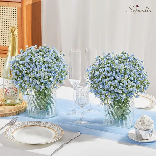 Miniatura 7 de Serwalin 33 flores artificiales de aliento de bebé, flores falsas azules de tacto real para ramos de boda, centros de mesa, gypsophila sintética
