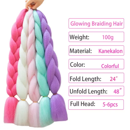 Miniatura 2 de 5 extensiones de cabello trenzado colorido de 24 pulgadas que brillan en la oscuridad arco iris jumbo trenzas extensiones de cabello