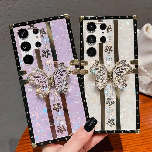 Miniatura 2 de Bonita funda compatible con Samsung Galaxy S22 Ultra, soporte plegable de lujo con diseño de mariposa brillante para mujeres y niñas, funda Blanco