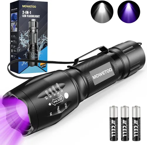 MOWETOO Linterna UV, linterna de luz negra portátil, linterna LED con combinación de luz blanca y ultravioleta, detector de orina de mascotas de luz