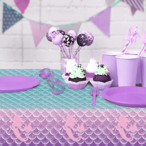 Miniatura 6 de 1 mantel de decoración de fiesta de cumpleaños de sirena, funda de mesa de plástico desechable para princesa bajo el mar, suministros de fiesta