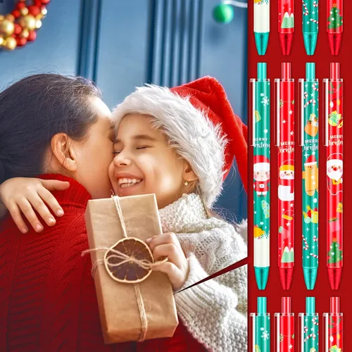 Miniatura 5 de Leinuosen 48 piezas de bolígrafos de Navidad a granel lindos bolígrafos retráctiles de tinta de gel de color rojo y verde, diseño de renos y árbol