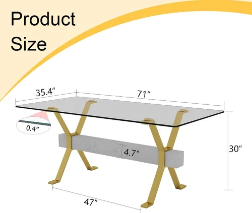 Miniatura 2 de Dining Table. Modern Tempered Glass Dining Table. Large Modern Office Desk with Gold Plated Metal Legs and Gray crossbars, Suitable for Both Home