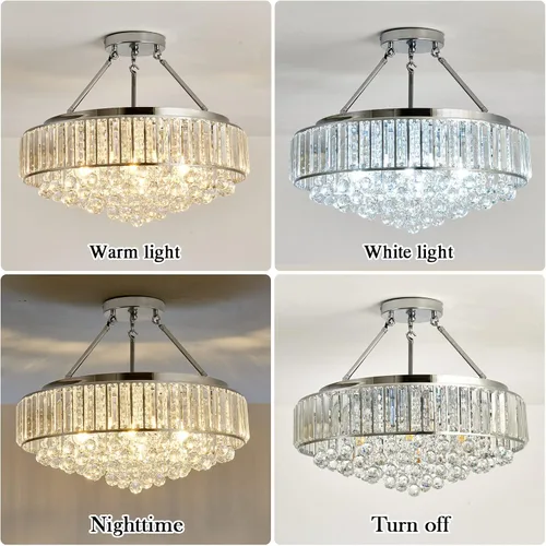 Miniatura 4 de YYJLX Lámpara de araña de cristal redonda grande moderna de 6 luces, cromada, de montaje semiempotrado, lámpara de techo E26 para comedor, sala