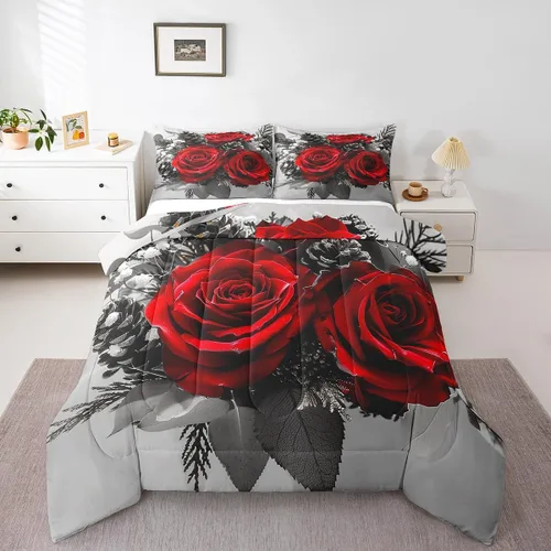 Miniatura 18 de Juego de edredón de rosas rojas, tamaño individual, juego de ropa de cama floral rojo degradado negro para niñas, mujeres, niños, adolescentes