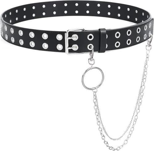 SUOSDEY Cinturón de cuero con doble ojal con cadena desmontable para mujeres y hombres, cinturón negro punk con agujeros dobles tachonados para jeans