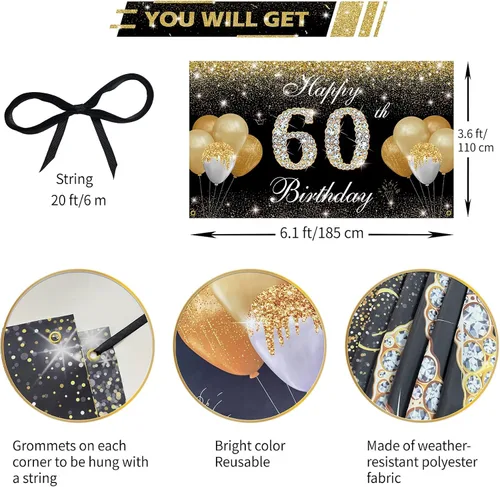 Miniatura 2 de Decoraciones de feliz cumpleaños 60 para hombres y mujeres – Cartel de fondo de cumpleaños 60 negro y dorado, cartel de patio, accesorios de cabina