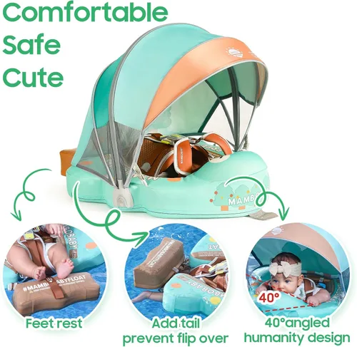 Miniatura 5 de Mambobaby Flotador con cola y toldo no inflable para bebé, flotador Mambo Flotador inteligente de natación para bebé, flotador de piscina para niños