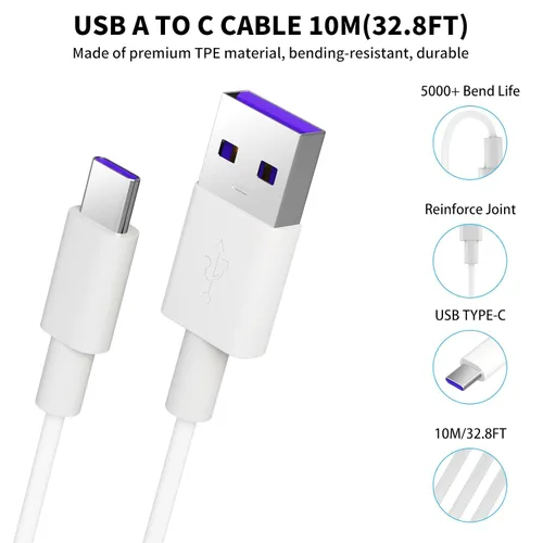 Miniatura 3 de ACAGET Cable de carga USB a USB-C de 32 pies, cable de extensión de alimentación para Vimtag Mini G3 Xiaomi Smart Camera C400 C500 Pro, cable