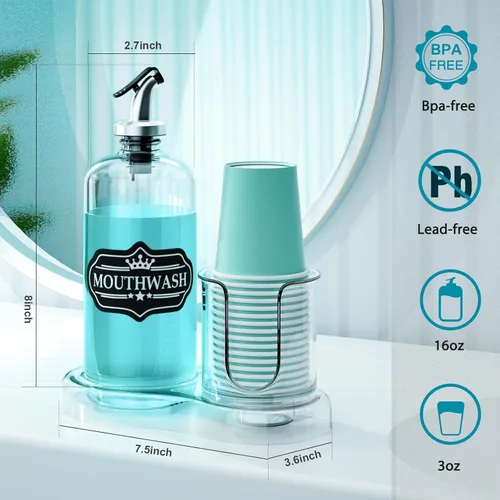 Miniatura 2 de Dispensador de enjuague bucal para baño con portavasos, contenedor de vidrio desmontable para enjuague bucal de 16 onzas, dispensador de enjuague