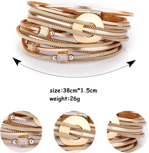 Miniatura 2 de Fesciory - Pulseras envolventes de cuero para mujer, brazaletes con cuentas de cristal de leopardo, estilo bohemio, multicapa