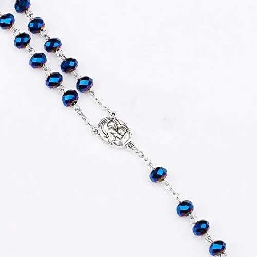 Miniatura 4 de Collar católico de rosario de cuentas de cristal azul profundo, oración católica Jerusalén Medalla del suelo sagrado cruz tierra santa antigua
