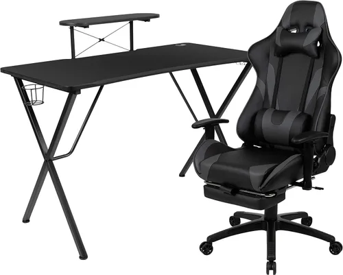 Miniatura 25 de Flash Furniture Juego de escritorio para juegos negro y silla de carreras blanco/negro con soporte para tazas, gancho para auriculares y soporte