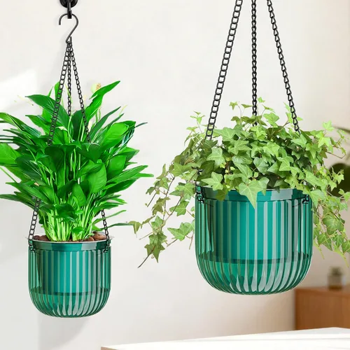 Miniatura 10 de Halatool Paquete de 2 macetas colgantes de riego automático para plantas de interior, macetas colgantes de 6.5 pulgadas al aire libre con 2 cadenas
