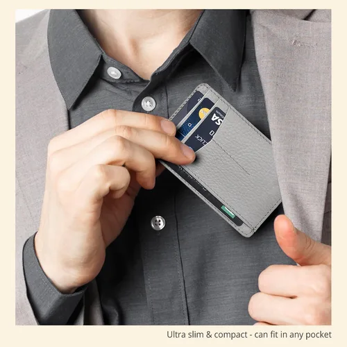 Miniatura 6 de Carteras de cuero Oak Leathers delgadas y minimalistas para hombres y mujeres con bolsillo frontal RFID y tarjetero de cuero, Gris, Pequeña