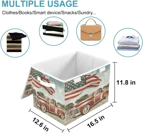 Miniatura 2 de CaTaKu Grandes Canastas de Almacenamiento de Tela con Tapas, Cajas de Almacenamiento Rojas con Bandera Americana de Camiones con Asas para Organizar