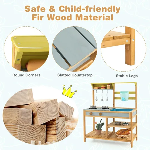 Miniatura 7 de Costzon Cocina de madera para niños, cocina de barro al aire libre con fregadero extraíble, caja de agua y grifo, parte superior de la estufa, Azul