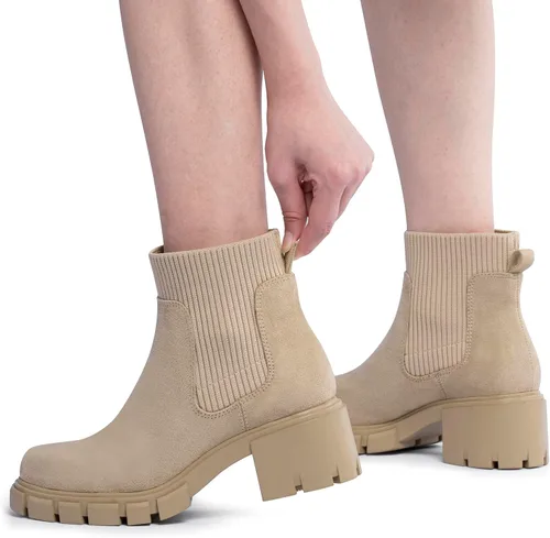 Miniatura 5 de FITORY Botas Chelsea para mujer, botines de tobillo elásticos con tacón medio grueso y suela con tacos, zapatos cómodos y modernos sin cordones