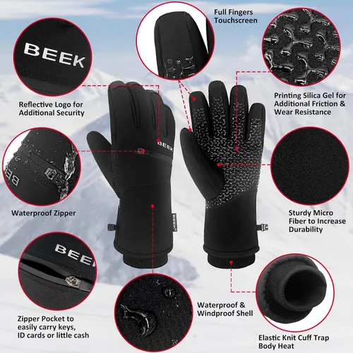 Miniatura 5 de BEEK Guantes de invierno impermeables, guantes cálidos para pantalla táctil, guantes antideslizantes para clima frío para hombres y mujeres, guantes