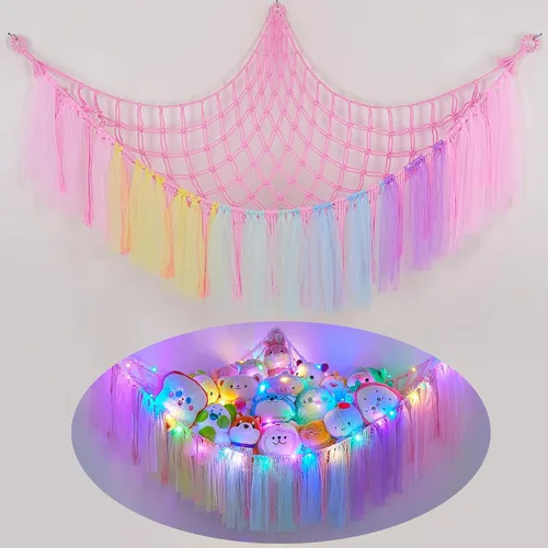 Miniatura 10 de FIOBEE Red de Animales de Peluche o Hamaca con Luz LED, Hamaca de Juguetes Colgante Organizador de Almacenamiento Soporte para Animales de Peluche