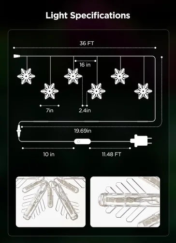 Miniatura 6 de Brightown - Luces colgantes inteligentes de copo de nieve, 12 pies, 96 ledes, 8 gotas, sincroniza con música, control desde la app, impermeable, más