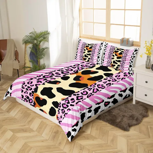 Miniatura 2 de Manfei Juego de funda de edredón de piel de animal, tamaño individual, funda de edredón con estampado de cebra de leopardo con 1 funda de almohada