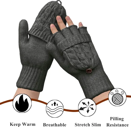 Miniatura 25 de Beurlike Guantes de invierno para mujer, de lana cálida, a prueba de viento, convertibles, sin dedos