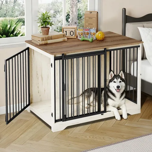 Miniatura 15 de Hzuaneri Mueble de jaula para perros de 31.9 pulgadas con puerta de granero, perrera resistente para interiores con 2 puertas, mesa auxiliar