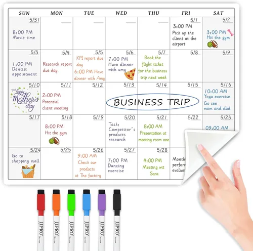JJPRO Pizarra Blanca de Calendario Mensual Reutilizable No Magnética que se Adhiere a Todas las Superficies Lisas. Tablero de Planificación Mensual