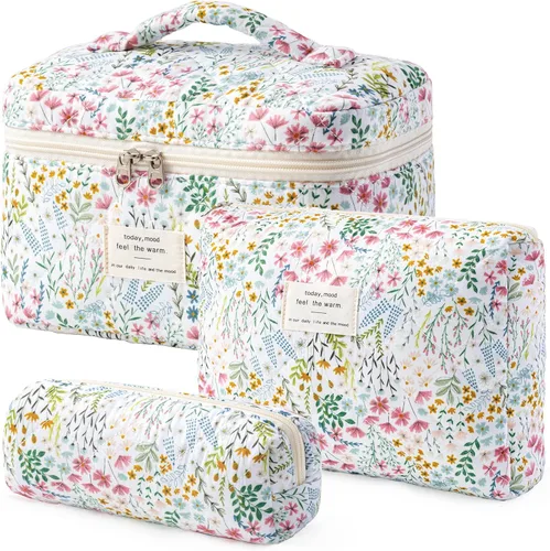 Miniatura 39 de HBselect Bolsa de maquillaje acolchada, 3 piezas de algodón grande, bolsa de maquillaje de viaje, bonita bolsa de maquillaje floral de coqueta