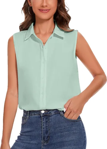 Miniatura 24 de YAMANMAN Camisa sin mangas con botones para mujer, blusa clásica con cuello redondo, camiseta básica de gasa para el trabajo y la oficina
