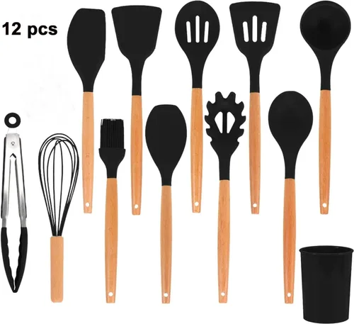Miniatura 2 de Juego de herramientas de cocina de silicona, 12 piezas, cucharas, espátulas, pinzas (negro)