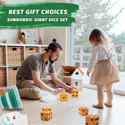 Miniatura 8 de SunNordic Juego de 6 dados gigantes de madera para patio, juego de Yardzee para césped al aire libre Jumbo con cubo y tarjeta de puntuación Farkle