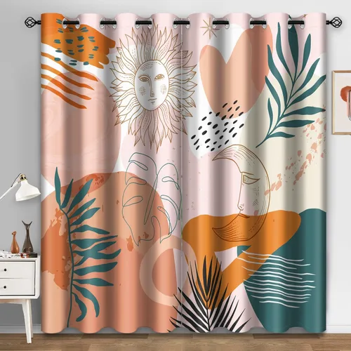 Aimego - Cortinas opacas boho modernas, arte abstracto minimalista, sol, luna, hojas, cortinas de ventana para dormitorio, sala de estar, con ojales