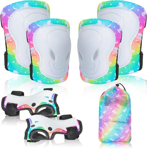 Miniatura 9 de Rodilleras para niños, juego de equipo de protección ajustable con bolsa de malla, rodilleras y coderas, protector de muñeca para niñas, patines