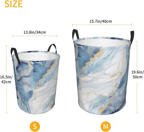 Miniatura 5 de Cesta circular con estampado de mármol blanco y azul, impermeable, cesta organizadora de lavandería, con asas, para ropa, juguetes, pequeña
