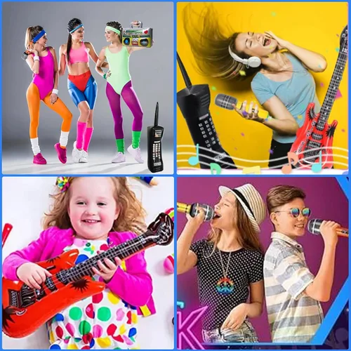 Miniatura 8 de Decoraciones de fiesta temática de los años 80 y 90, incluye una caja de auge, teléfono celular inflable, 2 micrófonos, 2 guitarras inflables y una