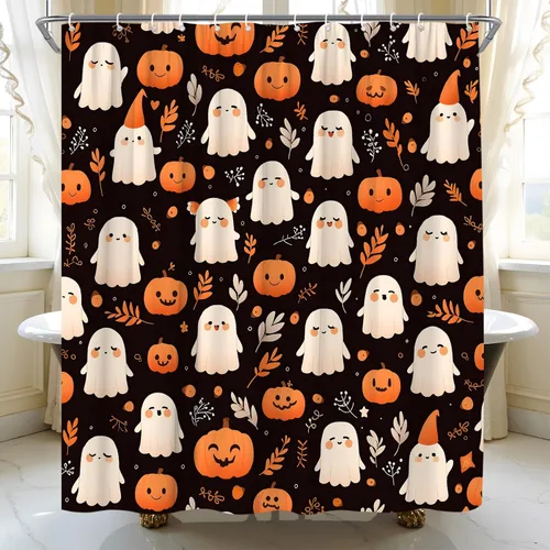 Miniatura 4 de Cortina de ducha de fantasma de Halloween, diseño de calabaza espeluznante, hojas retro, divertida tela de dibujos animados para decoración de baño