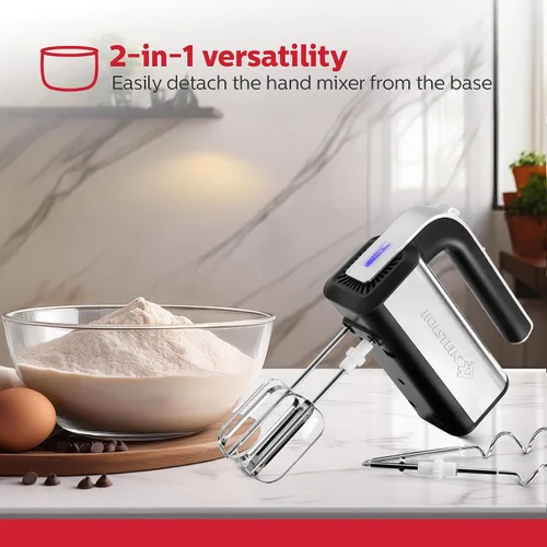 Miniatura 3 de Holstein Housewares - Batidora de mano y soporte de 5 velocidades, 250W de potencia con luz LED, en negro y acero inoxidable – Mezclador versátil