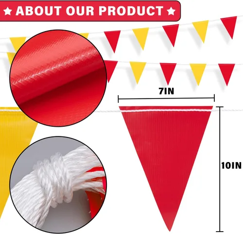 Miniatura 2 de Banderines de bandera de 105 pies, 7 x 10 pulgadas, rojo y amarillo, 45 piezas de alta visibilidad de seguridad en cuerda, bandera triangular
